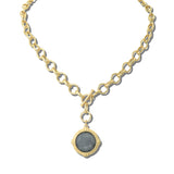113486, FACETED GEMSTONE AND PEARL MEDALLION TOGGLE CHAIN NECKLACE
