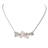 113492, AWARENESS PINK RIBBON BELIEVE SCRIPT NECKLACE