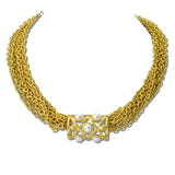 113495, WATER RESISTANT 24K GOLD TONE LATTICE PEARL CENTERPIECE MESH NECKLACE