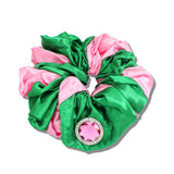 113505, SATIN SORORITY HAIR SCRUNCHIE WITH CRYSTAL RHINESTONE MEDALLION