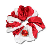 113505, SATIN SORORITY HAIR SCRUNCHIE WITH CRYSTAL RHINESTONE MEDALLION