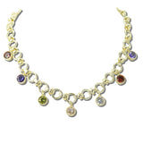 113507, 14K GOLD PLATED CZ GEMSTONE BEADED BEZEL CHARM LINK CHAIN NECKLACE