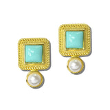 113522, VINTAGE SQUARE ROPE FRAME CABOCHON AND PEARL DROP EARRINGS