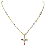 113525, GEMSTONE CROSS PENDANT FACETED CRYSTAL BEAD STATION NECKLACE