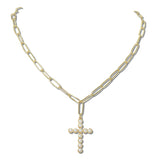 113526, PEARL BEZEL CROSS PAPERCLIP CHAIN NECKLACE