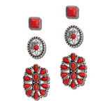 113578, 3 PAIR WESTERN STONE CABOCHON AND CONCHO STUD EARRINGS SET