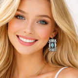 113586, WESTERN DIAMOND TURQUOISE BLACK INLAY SHIELD DANGLE EARRINGS