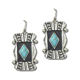 113586, WESTERN DIAMOND TURQUOISE BLACK INLAY SHIELD DANGLE EARRINGS