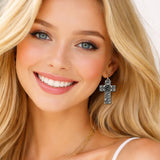 113587, WESTERN CARVED FLORAL CROSS DANGLE EARRINGS