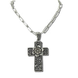 113609, WESTERN FLORAL FILIGREE CROSS PAPERCLIP CHAIN NECKLACE
