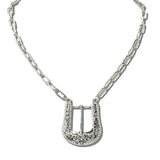 113614, WESTERN ENGRAVED BELT BUCKLE AB CRYSTAL PAPERCLIP CHAIN NECKLACE