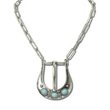 113615, WESTERN BELT BUCKLE TURQUOISE CABOCHON PAPERCLIP CHAIN NECKLACE