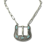 113616, WESTERN ENGRAVED BELT BUCKLE TURQUOISE CABOCHON PAPERCLIP CHAIN NECKLACE