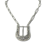 113617, WESTERN ENGRAVED BELT BUCKLE AB CRYSTAL PAPERCLIP CHAIN NECKLACE