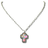 113623, WESTERN COTTON CANDY STONE CROSS PAPERCLIP CHAIN NECKLACE