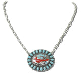 113626, WESTERN RED CARDINAL OVAL TURQUOISE STONE PAPERCLIP CHAIN NECKLACE