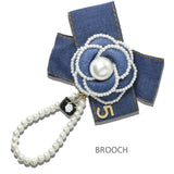 113654, DENIM CAMELLIA FLOWER PEARL BOW DROP CHARM DUAL BROOCH AND HAIR CLIP