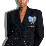 113654, DENIM CAMELLIA FLOWER PEARL BOW DROP CHARM DUAL BROOCH AND HAIR CLIP