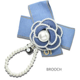 113654, DENIM CAMELLIA FLOWER PEARL BOW DROP CHARM DUAL BROOCH AND HAIR CLIP