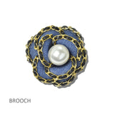 113657, DENIM CAMELLIA FLOWER WOVEN CHAIN TRIMMED DUAL BROOCH & HAIR CLIP