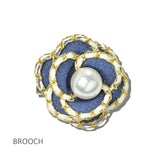 113657, DENIM CAMELLIA FLOWER WOVEN CHAIN TRIMMED DUAL BROOCH & HAIR CLIP