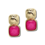113702, WATER RESISTANT HAMMERED METALLIC AND FACETED CUSHION GEM DROP EARRINGS
