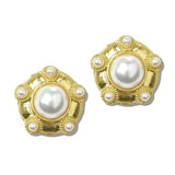 113704, 24K GOLD TONE WATER RESISTANT VINTAGE PEARL MEDALLION BUTTON STUD EARRINGS