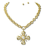 113705, HAMMERED PEARL CROSS PENDANT ROPE CHAIN NECKLACE