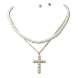 113706, LAYERED PEARL STRAND AND CROSS PENDANT CHAIN NECKLACE