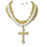 113708, 24K GOLD TONE WATER RESISTANT PEARL AND ROPE CHAIN CROSS NECKLACE