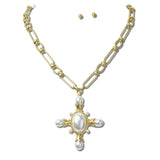 113716, VINTAGE BAROQUE PEARL CROSS PENDANT PAPERCLIP CHAIN NECKLACE