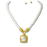 113717, 24K GOLD TONE WATER RESISTANT PEARL STRAND CUSHION CABOCHON PENDANT NECKLACE