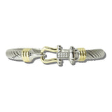 113744, 14K GOLD PLATED TWO TONE PAVE CZ SHACKLE CABLE BANGLE