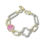 113748, 14K GOLD PLATED TWO TONE PAVE CZ CLOVER LINK BRACELET