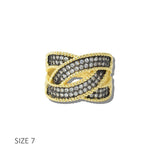 113750, 14K GOLD PLATED TWO TONE PAVE CZ CRISS CROSS RING