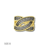 113750, 14K GOLD PLATED TWO TONE PAVE CZ CRISS CROSS RING