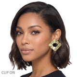 113777, TEXTURED GEOMETRIC RHOMBUS PEARL CLIP ON EARRINGS