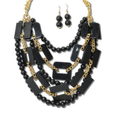 113781, MULTI STRAND GEOMETRIC WOOD FRAME AND BEADED BIB NECKLACE