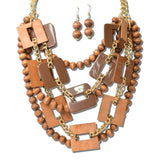 113781, MULTI STRAND GEOMETRIC WOOD FRAME AND BEADED BIB NECKLACE