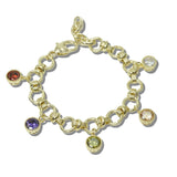 113805, 14K GOLD PLATED MULTI-COLOR CZ BEZEL CHARM LINK BRACELET