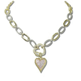 113813, 114K GOLD PLATED PINK PAVE HEART PENDANT MIXED LINK NECKLACE