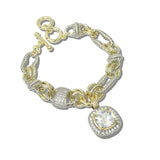 113817, 14K GOLD PLATED CUSHION HALO CZ CHARM MIXED LINK TOGGLE BRACELET