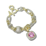113817, 14K GOLD PLATED CUSHION HALO CZ CHARM MIXED LINK TOGGLE BRACELET