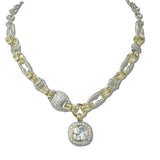 113818, 14K GOLD PLATED CUSHION HALO CZ PENDANT MIXED LINK NECKLACE