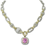 113818, 14K GOLD PLATED CUSHION HALO CZ PENDANT MIXED LINK NECKLACE