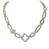 113819, 14K GOLD PLATED PAVE CLOVER AND CZ STATION MIXED LINK NECKLACE