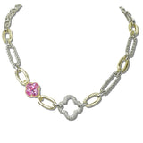 113819, 14K GOLD PLATED PAVE CLOVER AND CZ STATION MIXED LINK NECKLACE