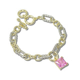 113820, 14K GOLD PLATED FACETED CZ CHARM MIXED LINK TOGGLE BRACELET