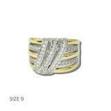 113822, 14K GOLD PLATED TWO TONE PAVE CZ CROSSOVER BAND RING