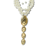113837, MULTI STRAND PEARL BEAD AND HAMMERED METALLIC Y-DROP STATEMENT NECKLACE